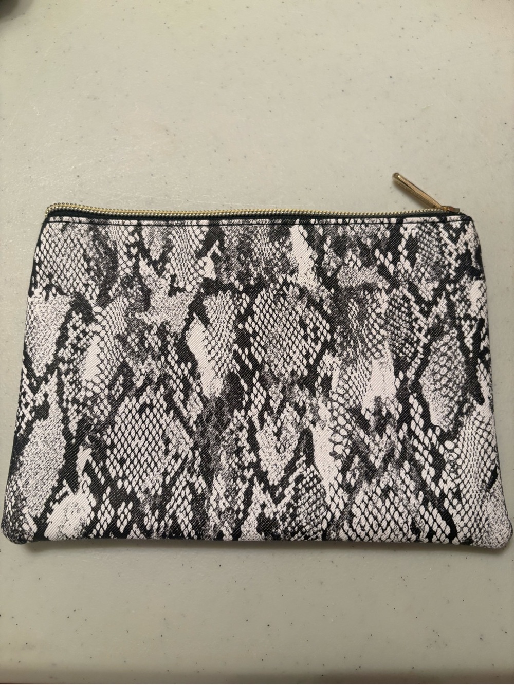 Snake-Print Zip Cosmetic Pouch in Black and White